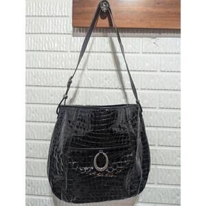 Brighton Black Patent Leather Croc Embossed Zip Top Roomy Shoulder Bag